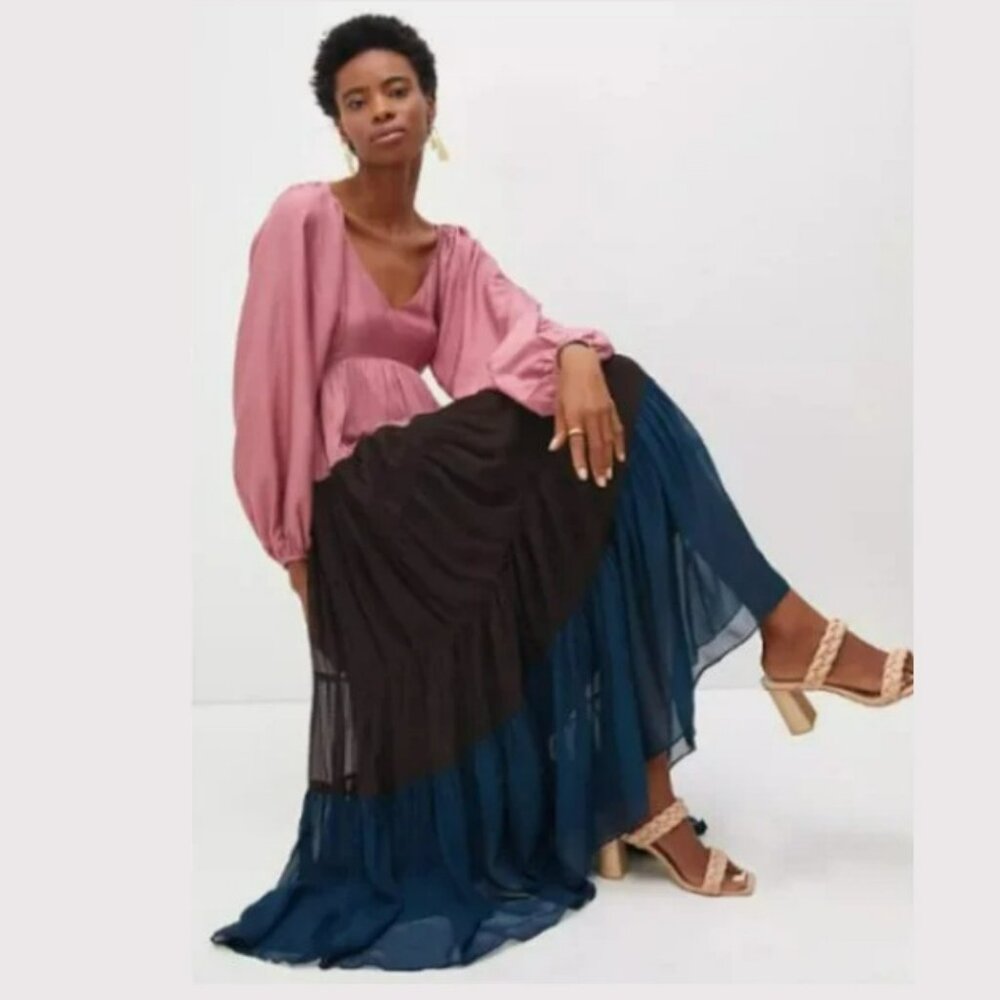 Anthropologie Nirmooha Puff-Sleeved Color Block Maxi Dress Sz S